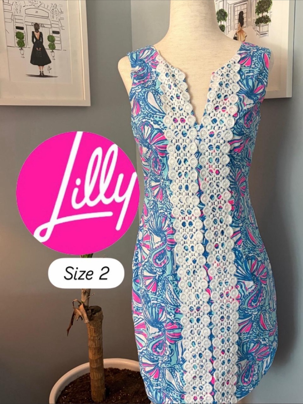 Lilly Pulitzer SIZE 2 Blue, Pink & White Sleeveless Shift Dress with Lace Trim